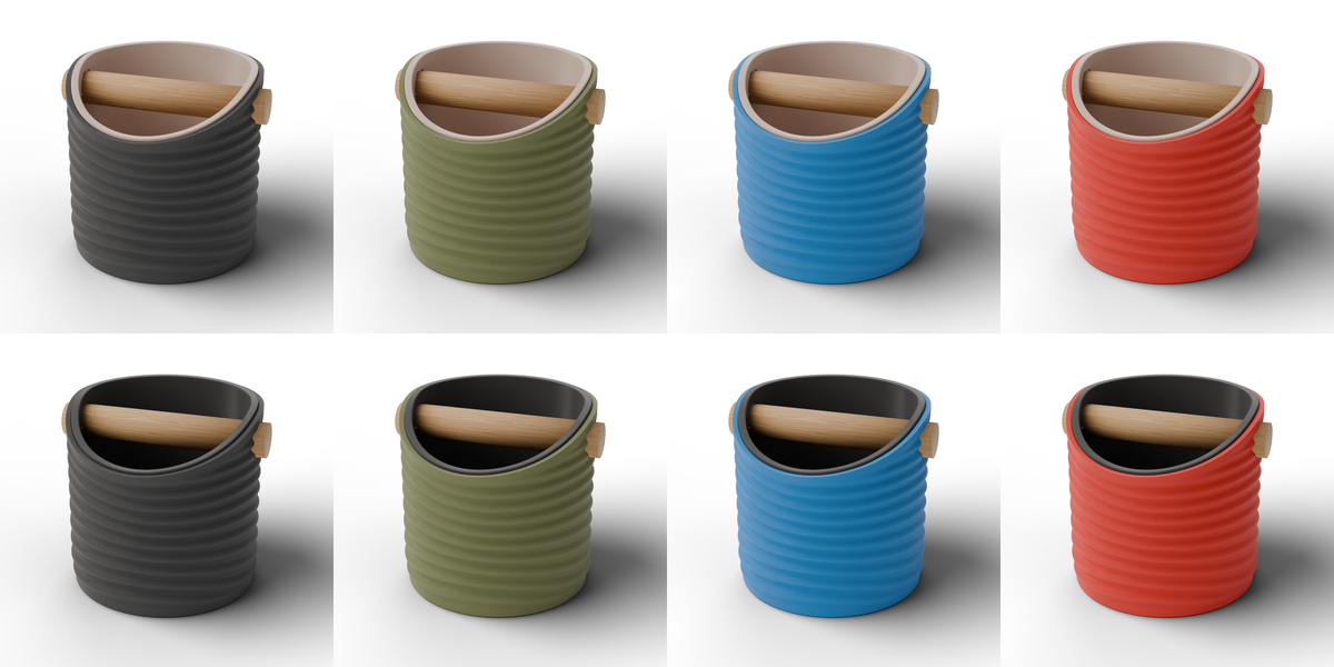 Ripple Round knock box mix and match colour chart: 4 shell colours with Latte Brown or Charcoal bin