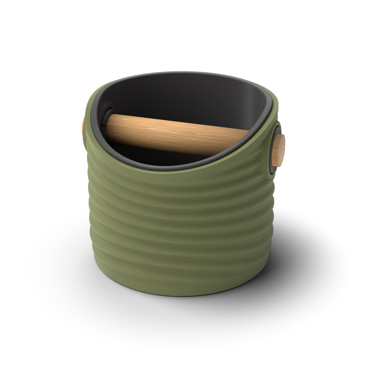 Ripple round espresso knock box with an Olive Green rippled shell, a lift-out Charcoal inner bin and a solid oak knock bar with Knock Caps