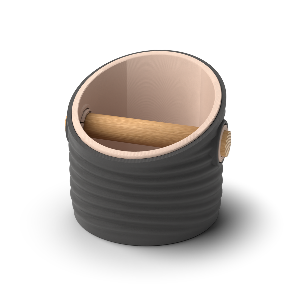 Ripple angled-top round espresso knock box with a Charcoal rippled shell, a lift-out Latte Brown inner bin and a solid oak knock bar with Knock Caps
