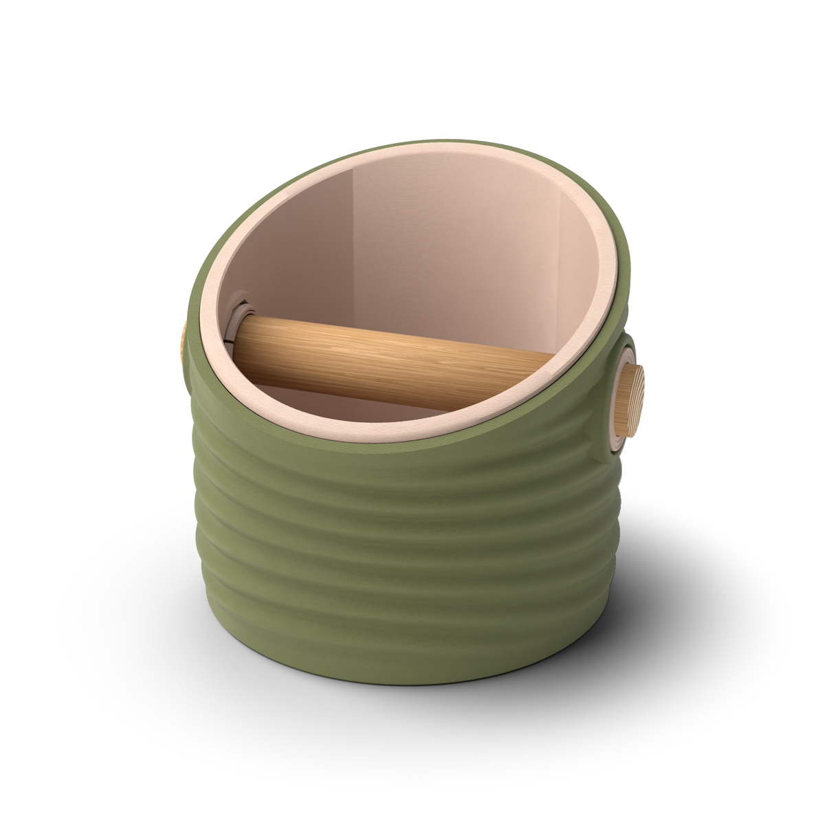 Ripple angled-top round espresso knock box with an Olive Green rippled shell, a lift-out Latte Brown inner bin and a solid oak knock bar with Knock Caps