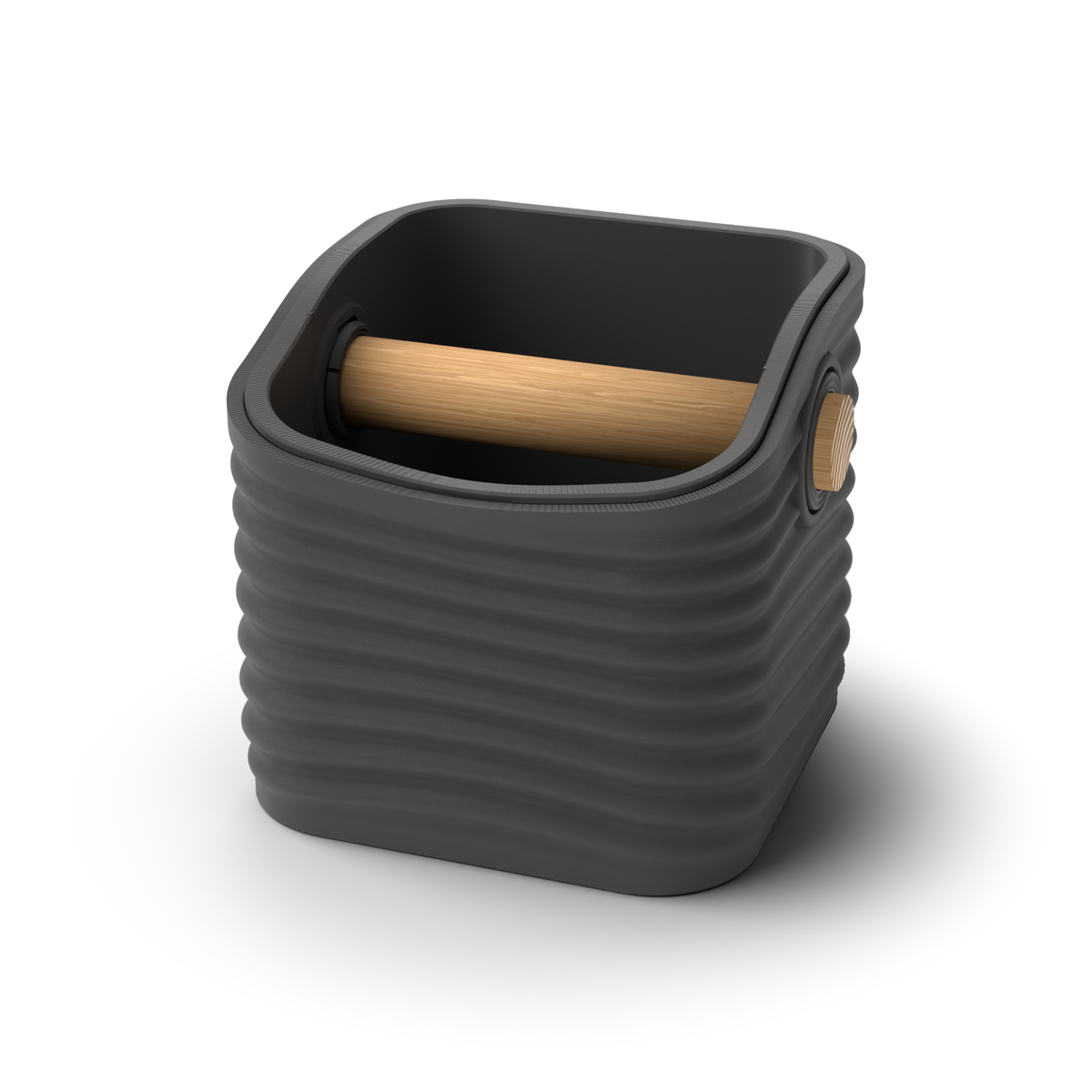 Ripple rounded square espresso knock box with a Charcoal rippled shell, a lift-out Charcoal inner bin and a solid oak knock bar with Knock Caps