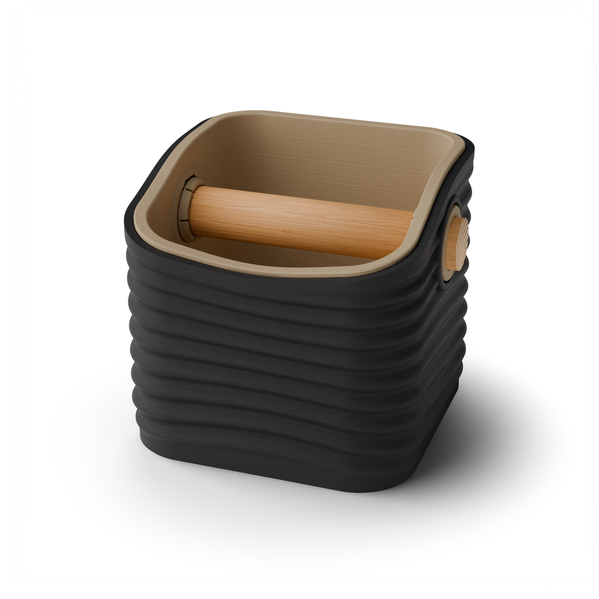 Ripple rounded square espresso knock box with a Charcoal rippled shell, a lift-out Latte Brown inner bin and a solid oak knock bar with Knock Caps