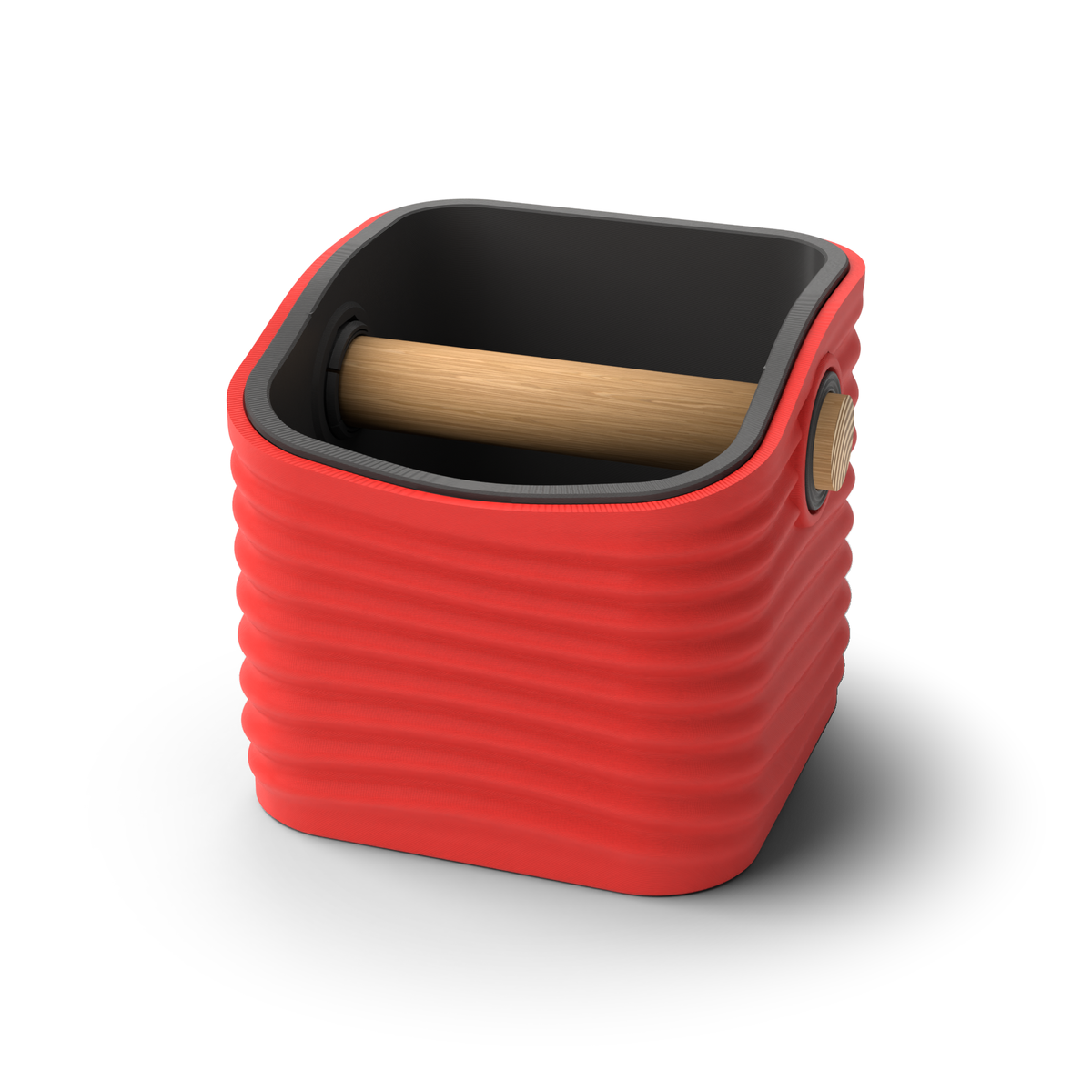 Ripple rounded square espresso knock box with a Scarlet Red rippled shell, a lift-out Charcoal inner bin and a solid oak knock bar with Knock Caps