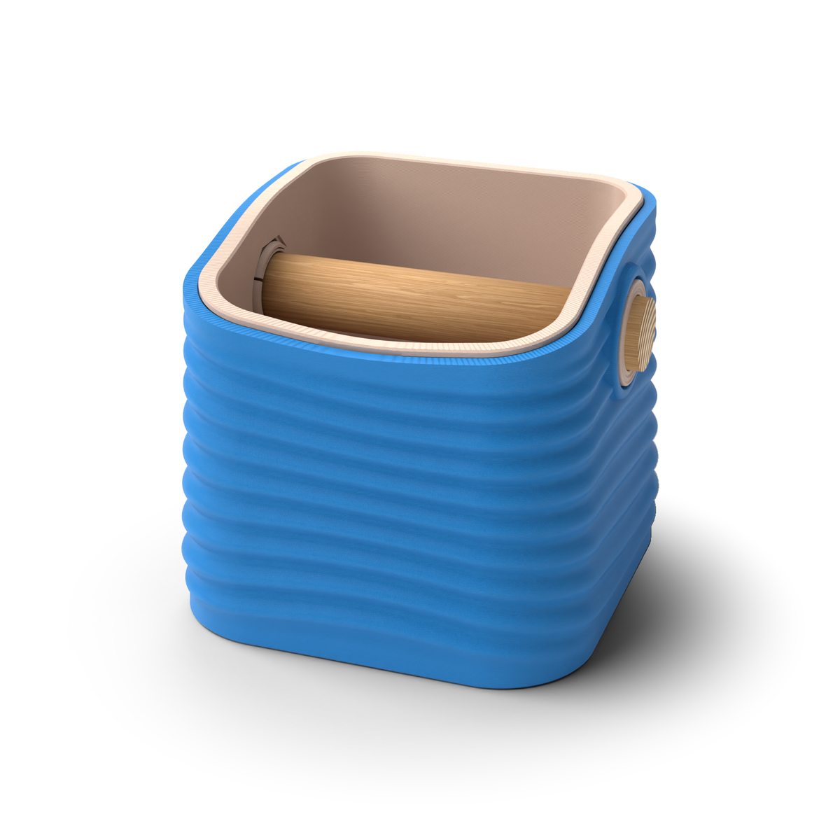 Ripple tapered square espresso knock box with a Marine Blue rippled shell, a lift-out Latte Brown inner bin and a solid oak knock bar with Knock Caps