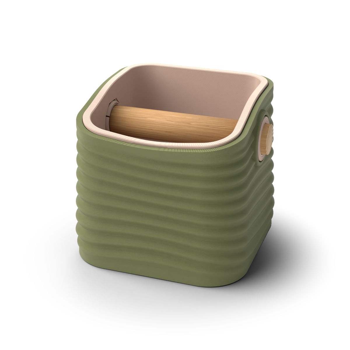 Ripple tapered square espresso knock box with an Olive Green rippled shell, a lift-out Latte Brown inner bin and a solid oak knock bar with Knock Caps