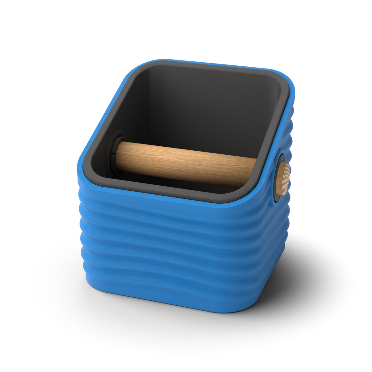 Ripple angled-top square espresso knock box with a Marine Blue rippled shell, a lift-out Charcoal inner bin and a solid oak knock bar with Knock Caps
