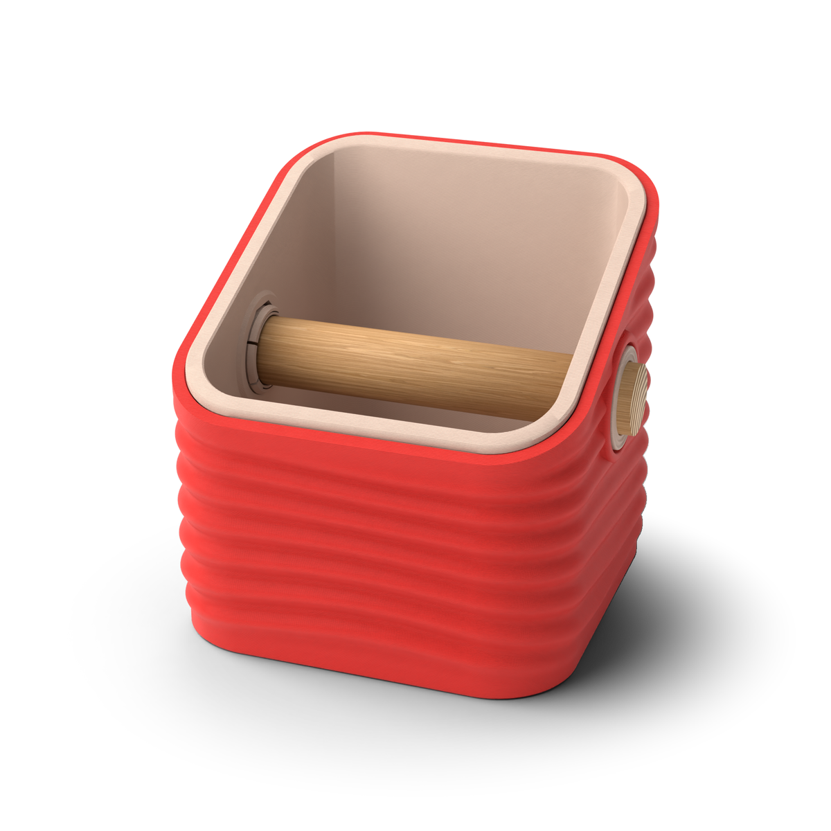 Ripple angled-top square espresso knock box with a Scarlet Red rippled shell, a lift-out Latte Brown inner bin and a solid oak knock bar with Knock Caps