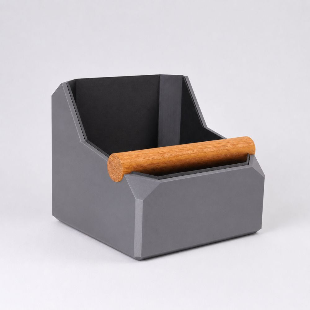 Square Coffee Knock Box with Real Oak Knock Bar in matte ash grey