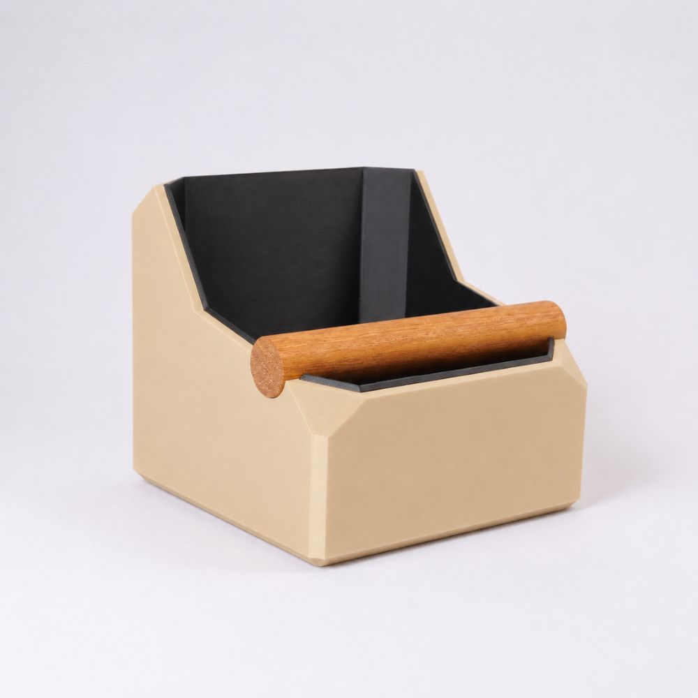 Square Coffee Knock Box with Real Oak Knock Bar in matte desert tan