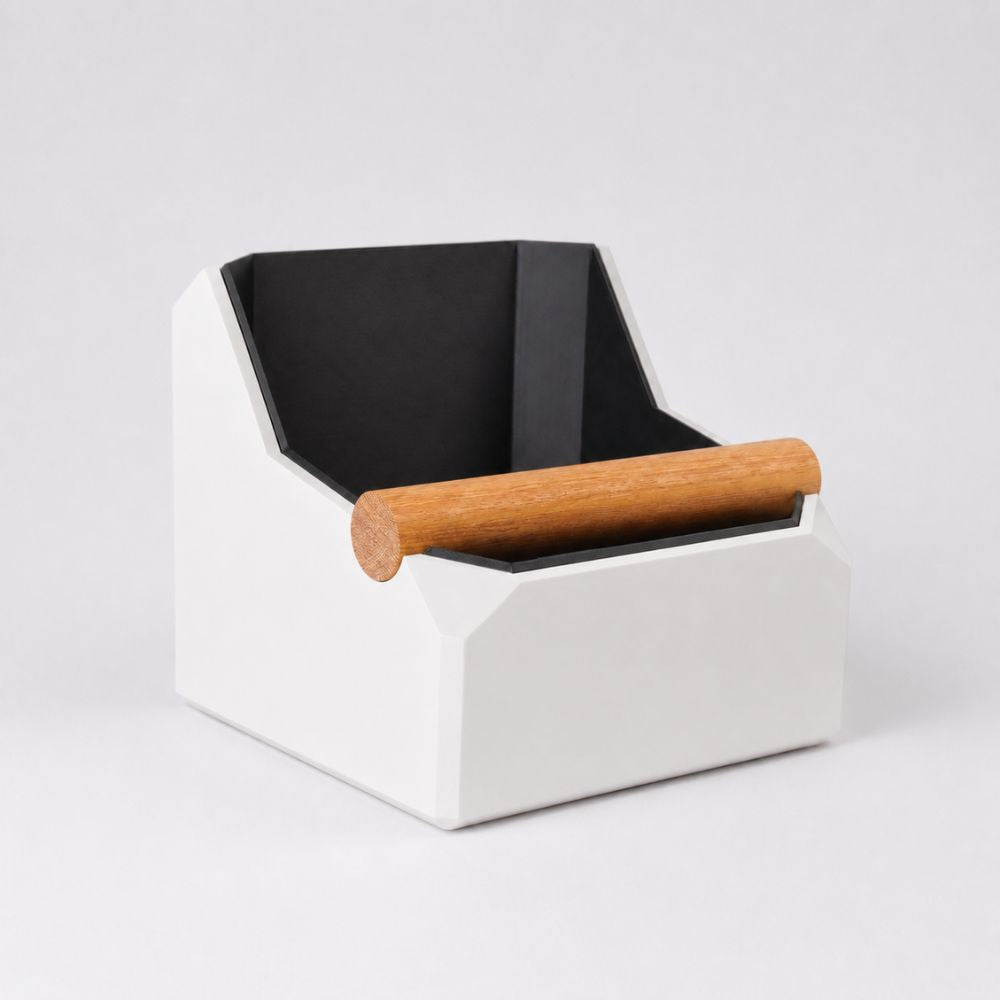 Square Coffee Knock Box with Real Oak Knock Bar in matte ivory white