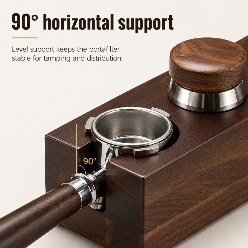 Wooden espresso station with 90 degree horizontal support for stable portafilter tamping