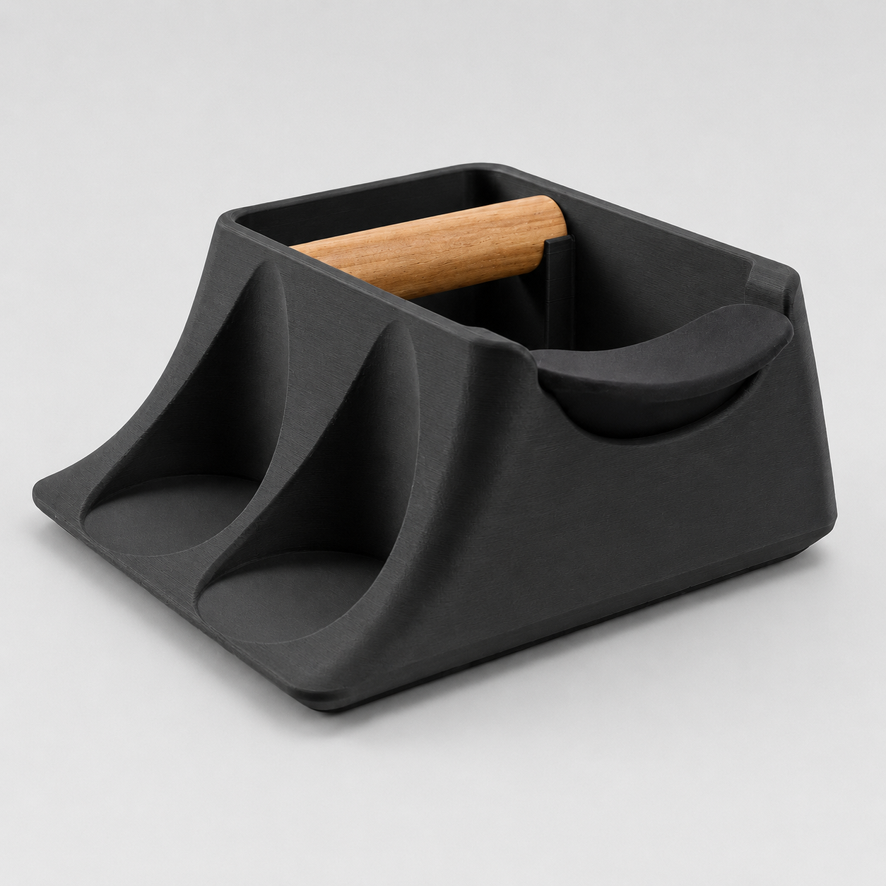 The Hub 3-in-1 Espresso Knock Box & Tamping Station in matte charcoal