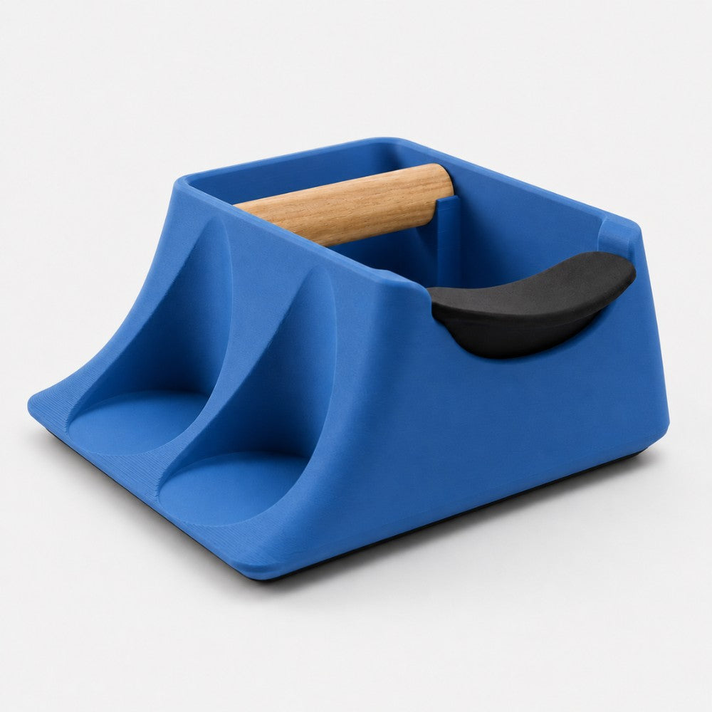 The Hub 3-in-1 Espresso Knock Box & Tamping Station in matte marine blue