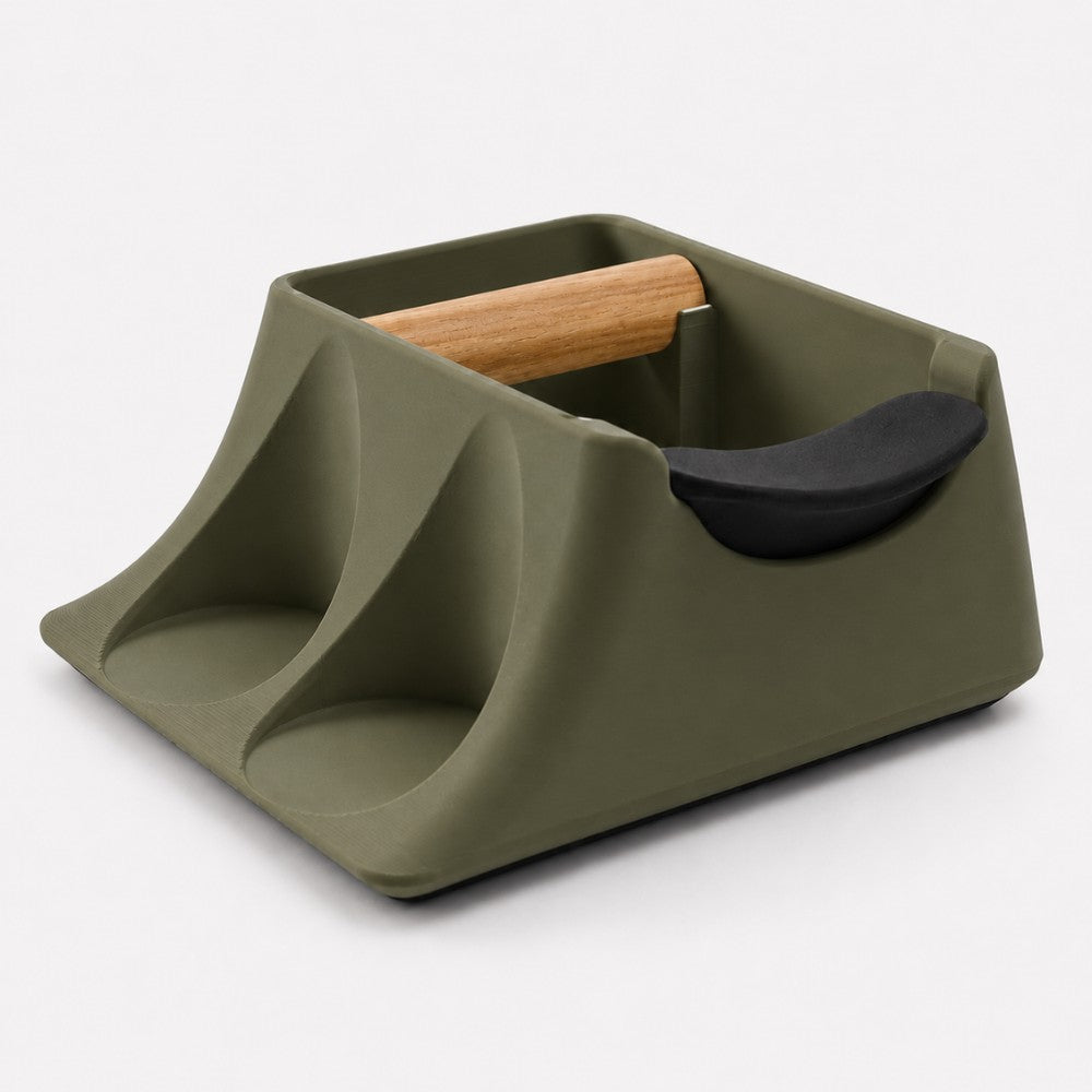 The Hub 3-in-1 Espresso Knock Box & Tamping Station in matte olive green