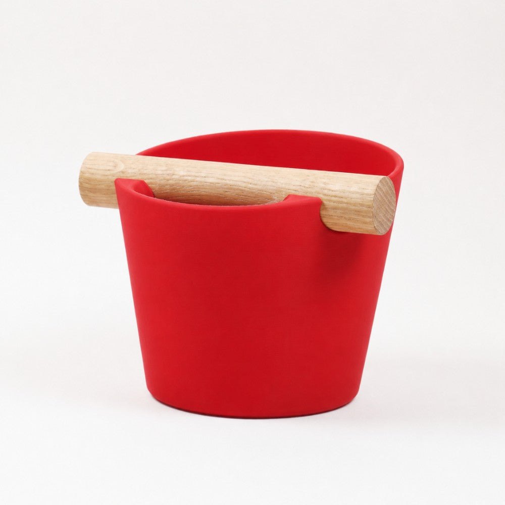 Nordic Espresso Knock Box Medium Size with real oak wood bar in matte red