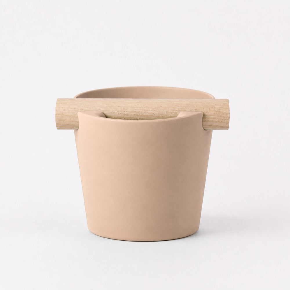 Nordic Espresso Knock Box Large Size with real oak wood bar in matte latte brown