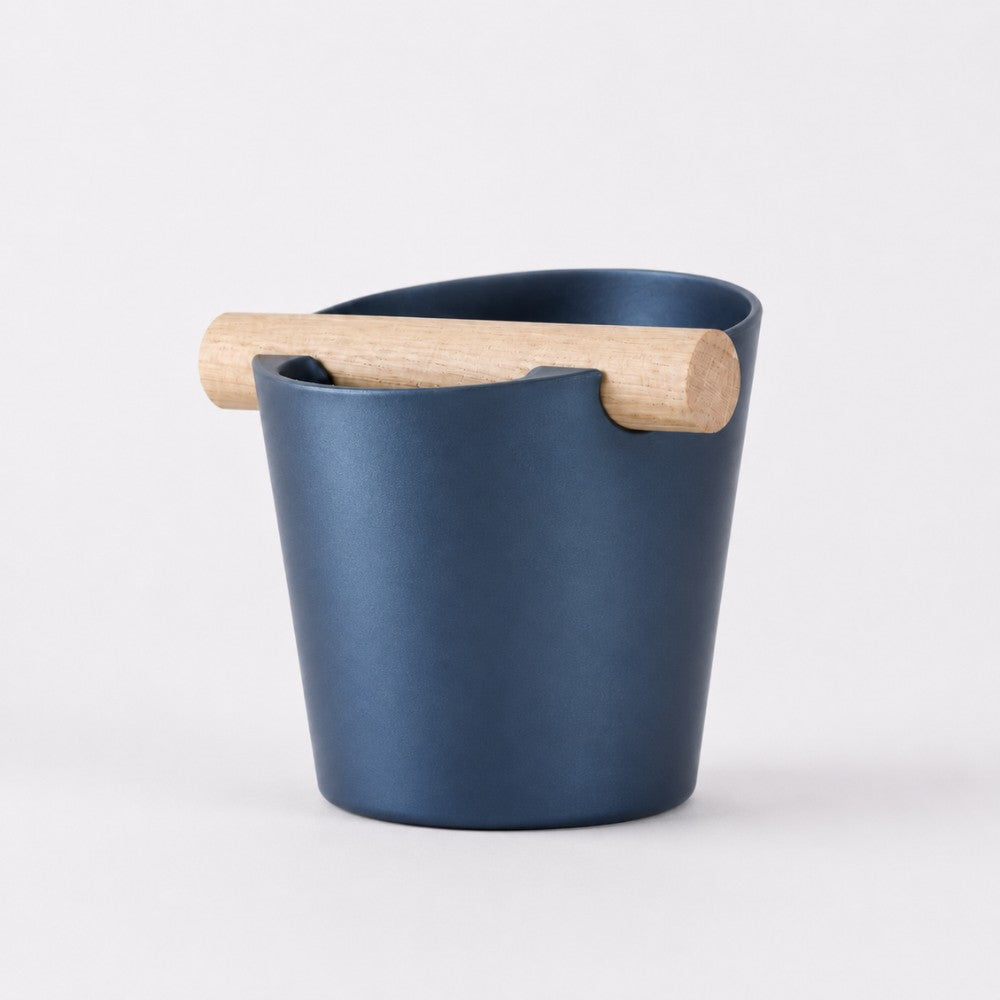 Nordic Espresso Knock Box Large Size with real oak wood bar in metallic blue