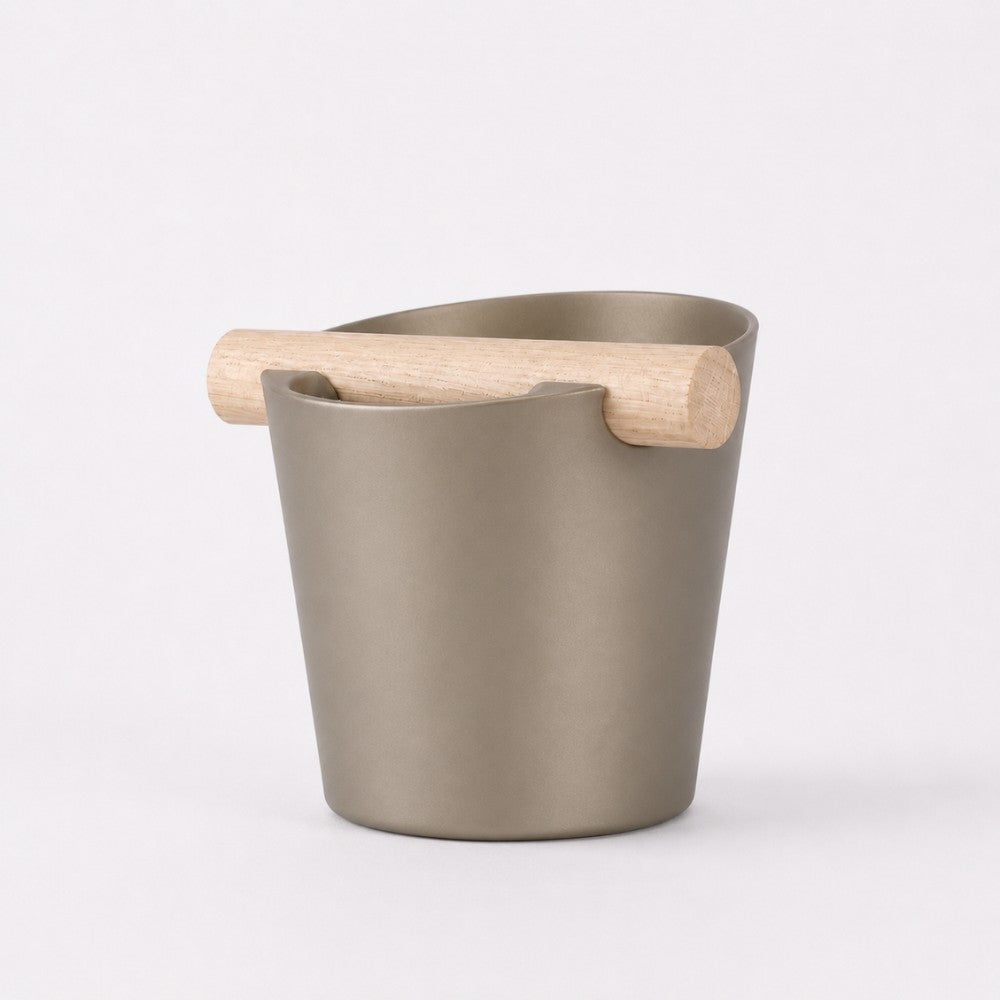 Nordic Espresso Knock Box Large Size with real oak wood bar in metallic gold