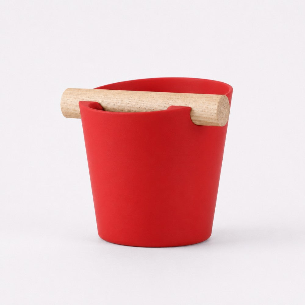 Nordic Espresso Knock Box Large Size with real oak wood bar in matte red