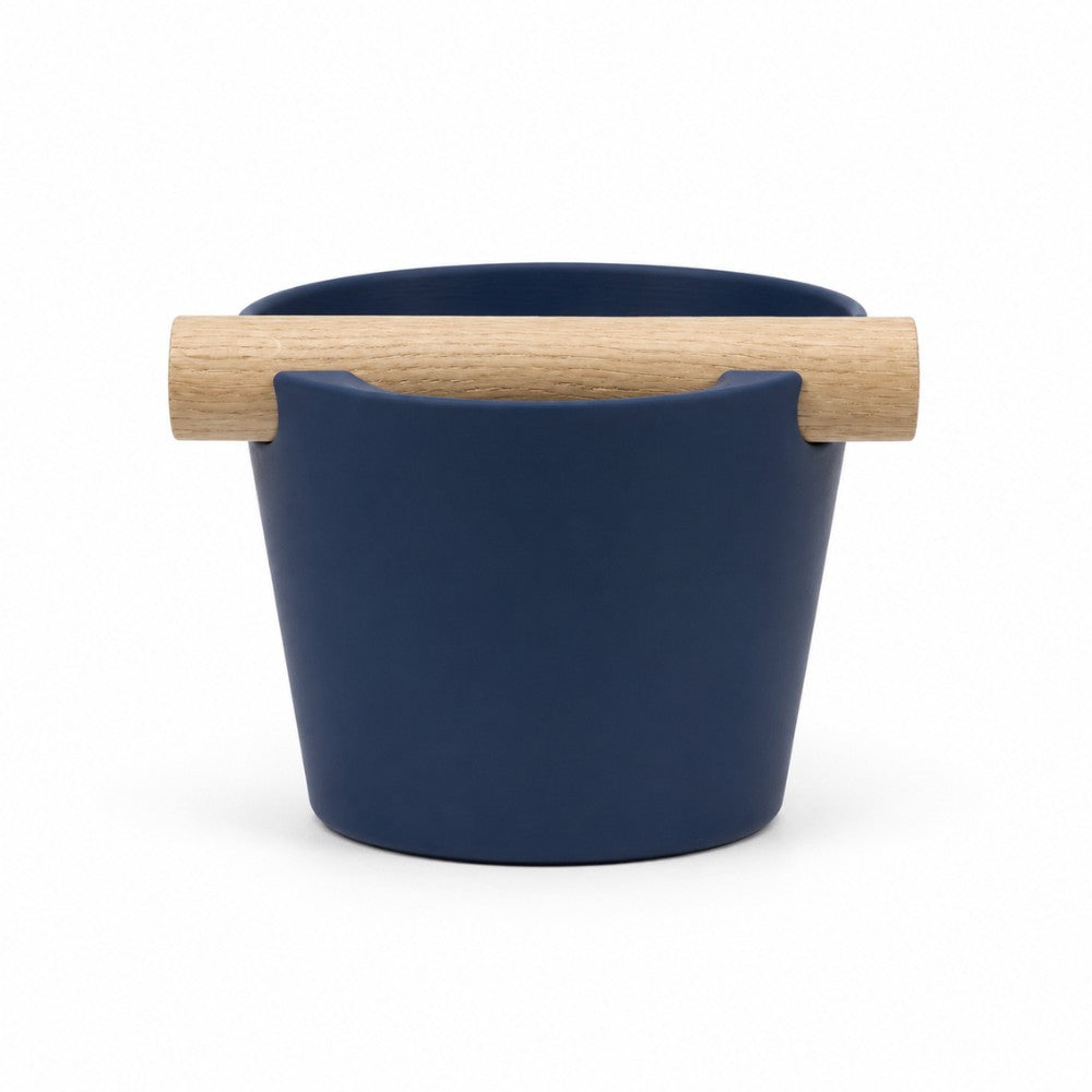 Nordic Espresso Knock Box Medium Size with real oak wood bar in matte dark blue