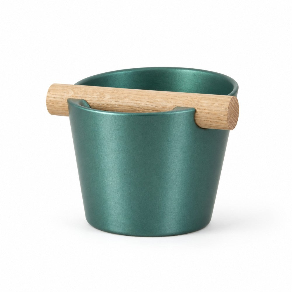 Nordic Espresso Knock Box Medium Size with real oak wood bar in metallic green