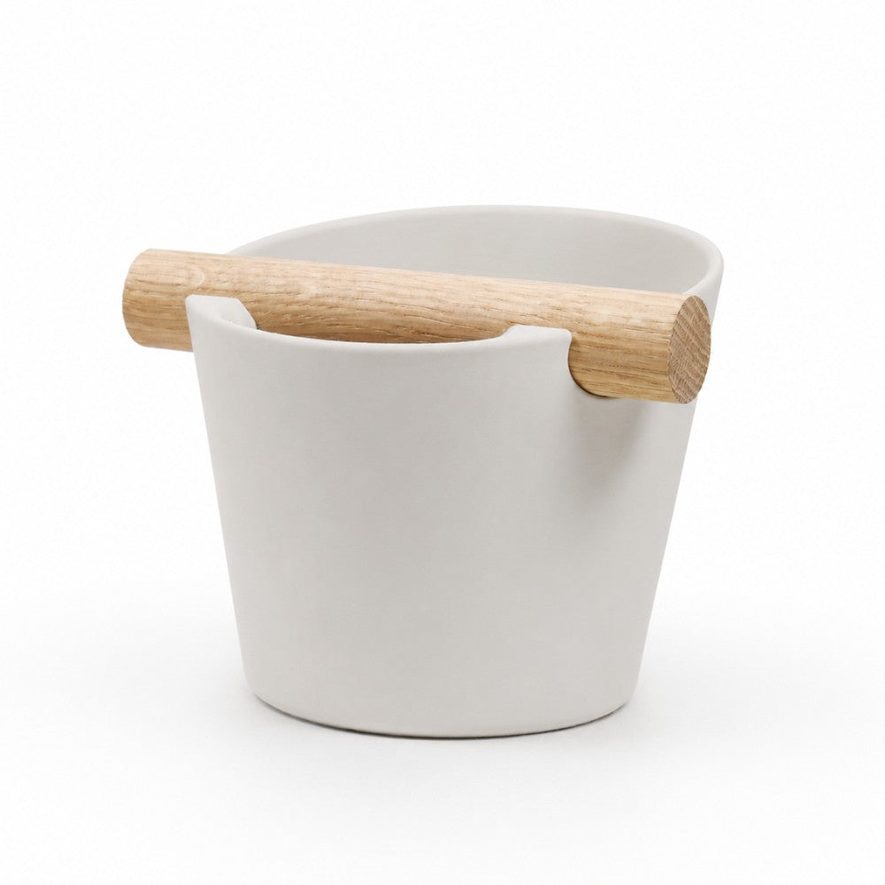 Nordic Espresso Knock Box Medium Size with real oak wood bar in matte off white