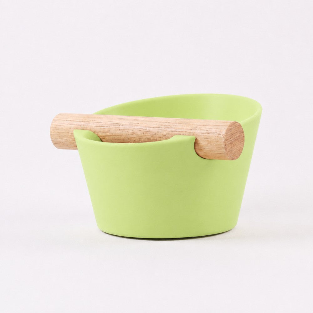 Nordic Espresso Knock Box Small Size with real oak wood bar in matte apple green