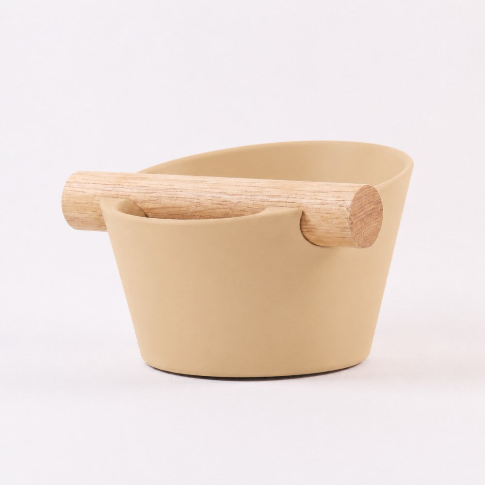 Nordic Espresso Knock Box Small Size with real oak wood bar in matte desert tan