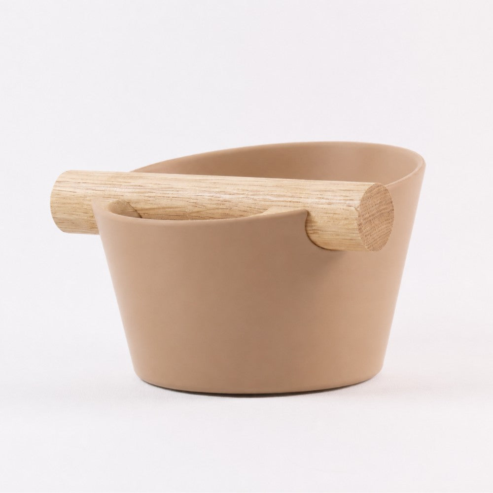 Nordic Espresso Knock Box Small Size with real oak wood bar in matte latte brown