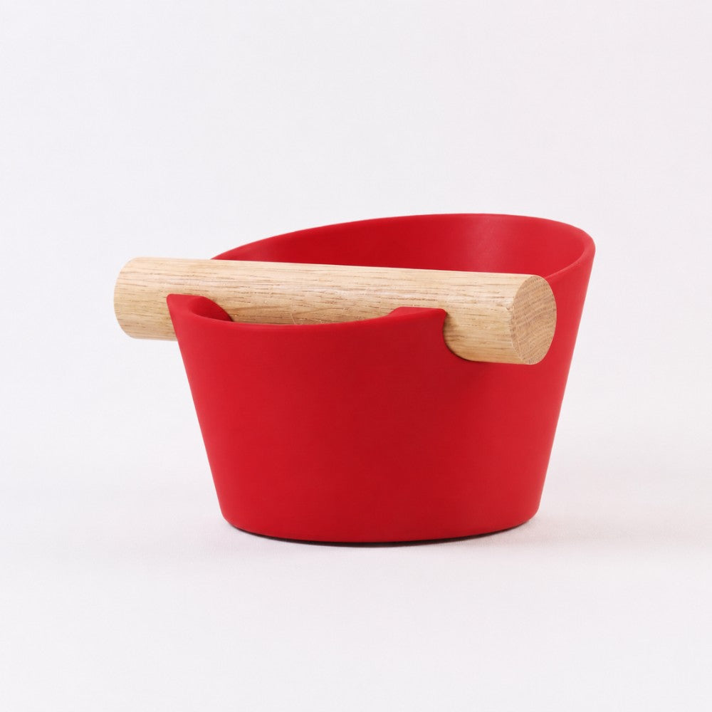 Nordic Espresso Knock Box Small Size with real oak wood bar in matte red