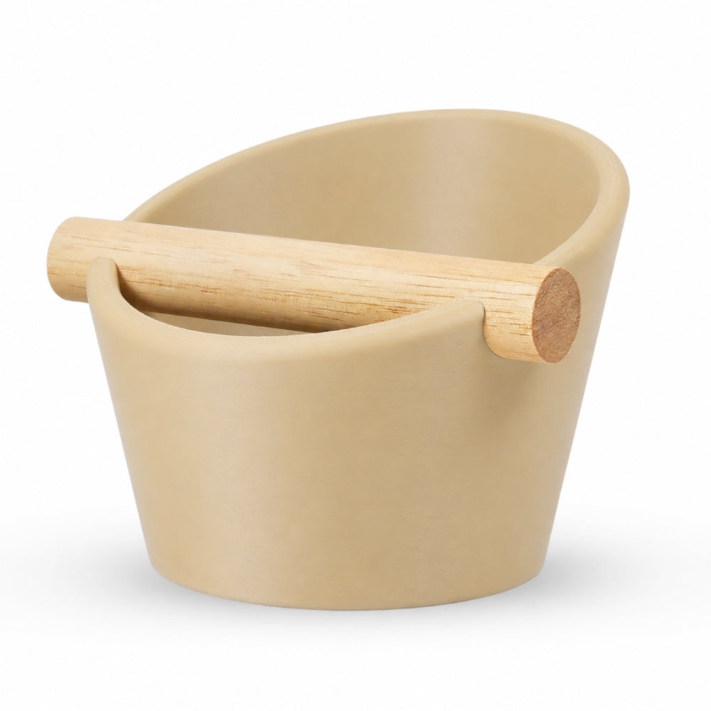 Oval Espresso Knock Box with real oak wood bar in Dersert Tan