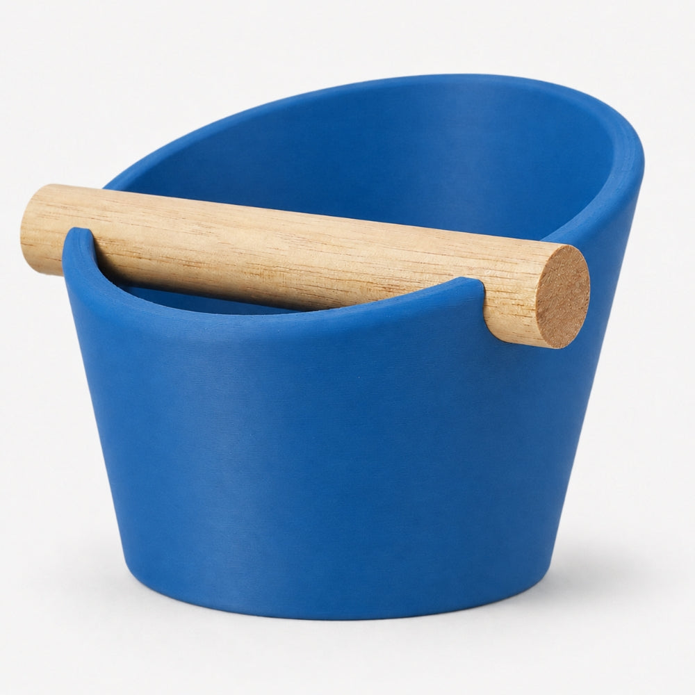 Oval Espresso Knock Box with real oak wood bar in Matte Marine Blue
