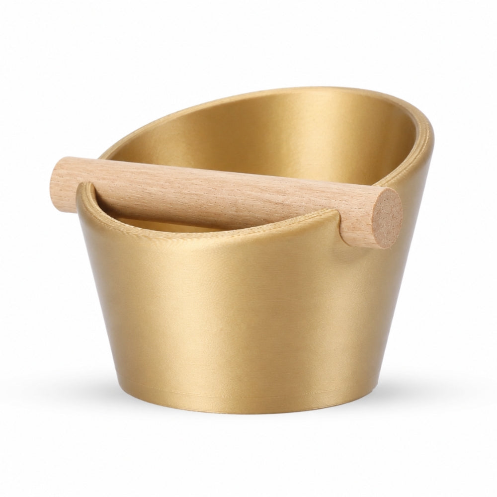 Oval Espresso Knock Box with real oak wood bar in Metallic Gold