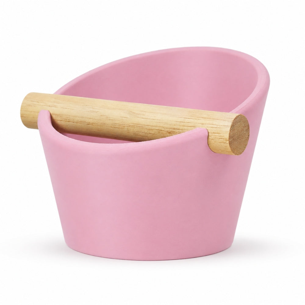 Oval Espresso Knock Box with real oak wood bar in Matte Pink