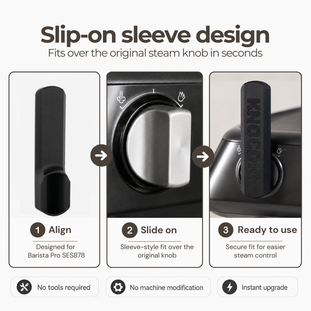 Diagram explaining the toolless slip-on sleeve design installation steps over the stock espresso machine knob.