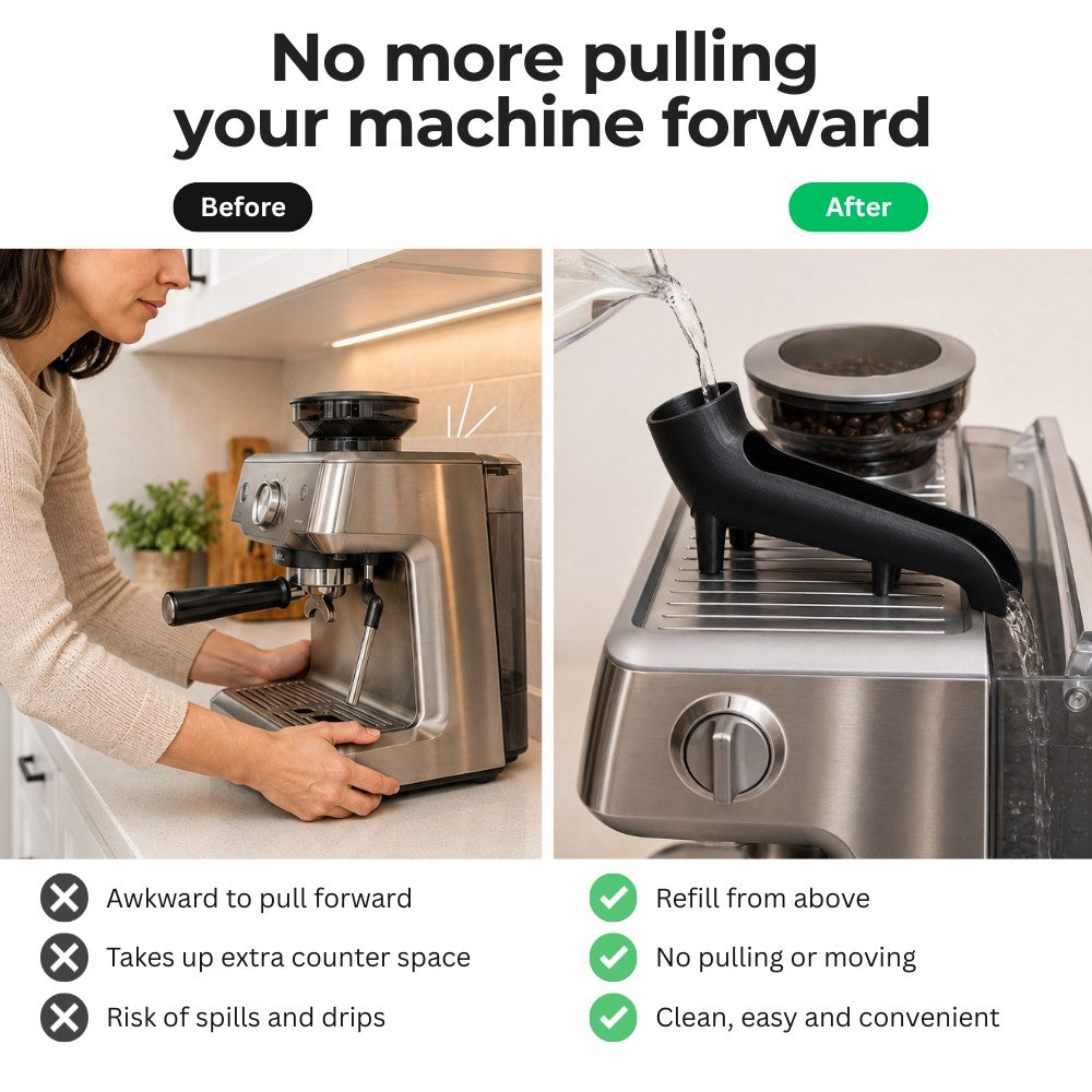 Coffee machine water tank funnel helps refill rear tank without pulling machine forward
