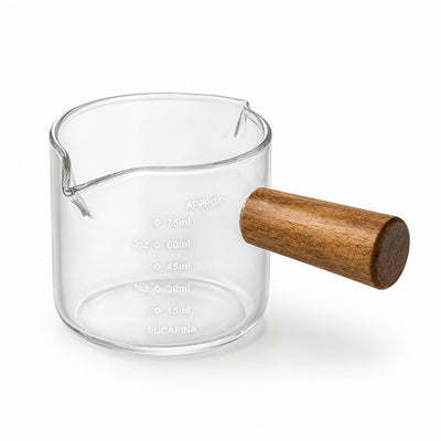 100ml glass espresso measuring cup with wooden handle and dual pouring spouts