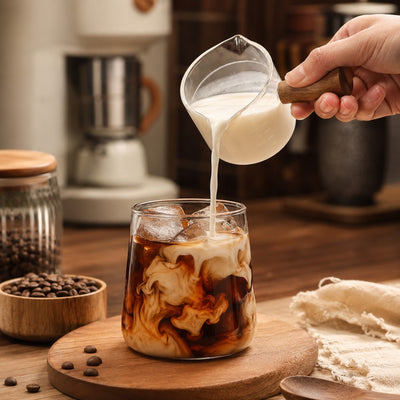 Glass espresso measuring cup with wooden handle pouring milk into iced coffee