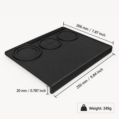 20 x 25cm black silicone espresso tamping mat with size and weight details