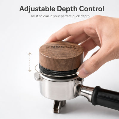 Walnut espresso distribution tool showing adjustable depth control for precise coffee bed levelling