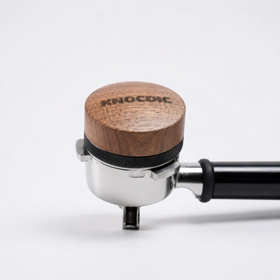 Walnut adjustable espresso distribution tool on portafilter, suitable for 51mm, 54mm and 58mm baskets