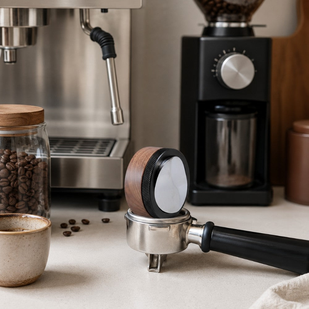 Walnut espresso distribution tool with portafilter beside espresso machine, grinder and coffee accessories