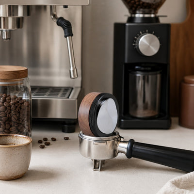 Walnut espresso distribution tool with portafilter beside espresso machine, grinder and coffee accessories