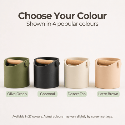 Color chart displaying the minimalist knock box in popular colors Ivory White, Olive Green, Desert Tan, and Charcoal.