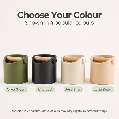 Four cylindrical containers in different colors with color swatches below on a white background.