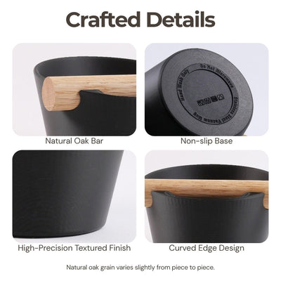 Product details for the Nordic coffee bin showcasing the oak bar, non-slip base, and straight-sided matte finish.