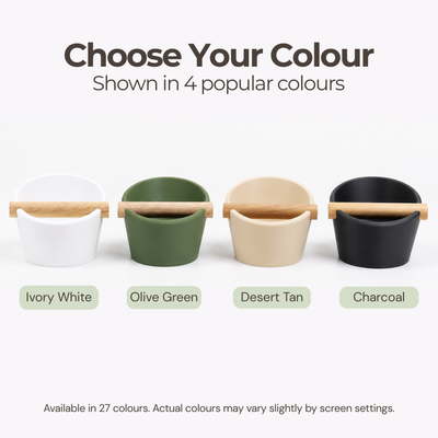 Comparison chart showing four popular KNOCDIC oval knock box colors: Ivory White, Olive Green, Desert Tan, and Charcoal, available in 27 options.