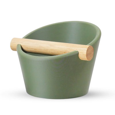 KNOCDIC Olive Green Oval Espresso Knock Box with real oak wood bar on a solid white background.
