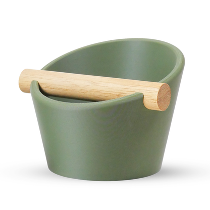 KNOCDIC Olive Green Oval Espresso Knock Box with real oak wood bar on a solid white background.