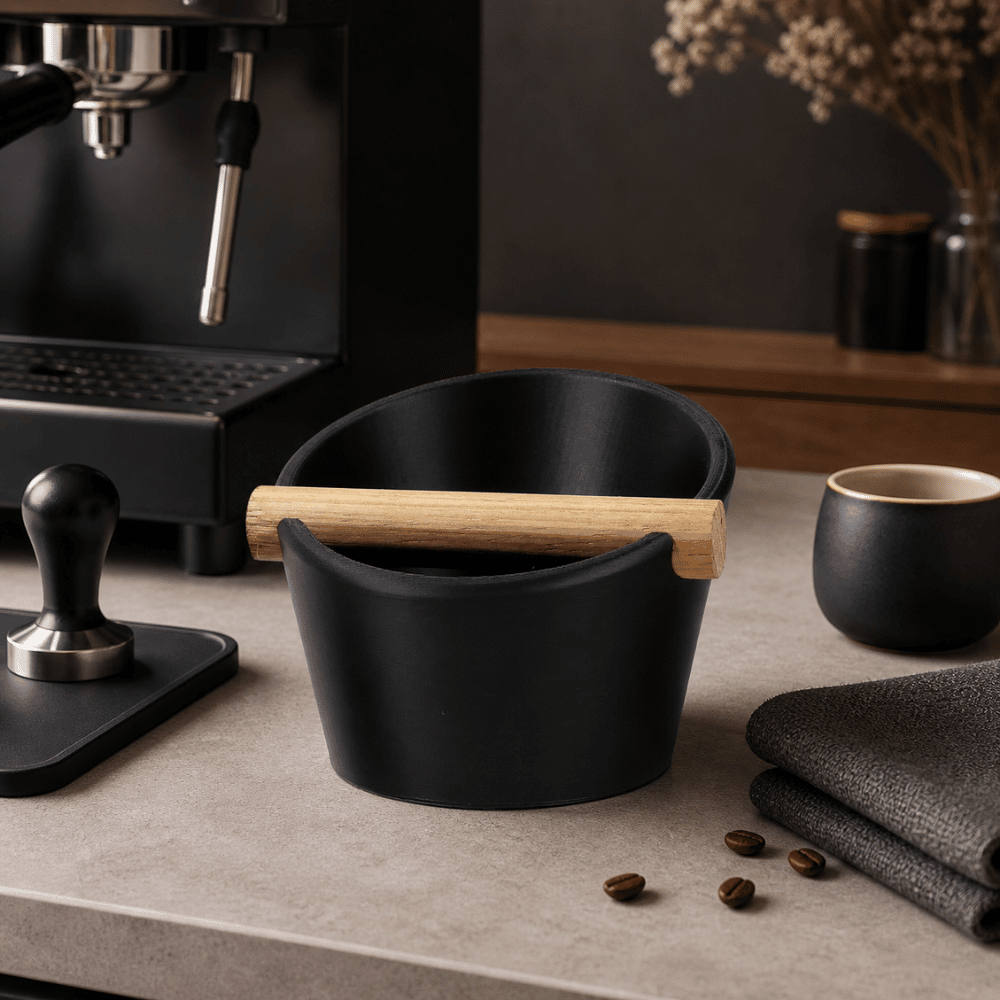 Matte charcoal black oval coffee knock box sitting next to a home espresso machine and coffee grinder.